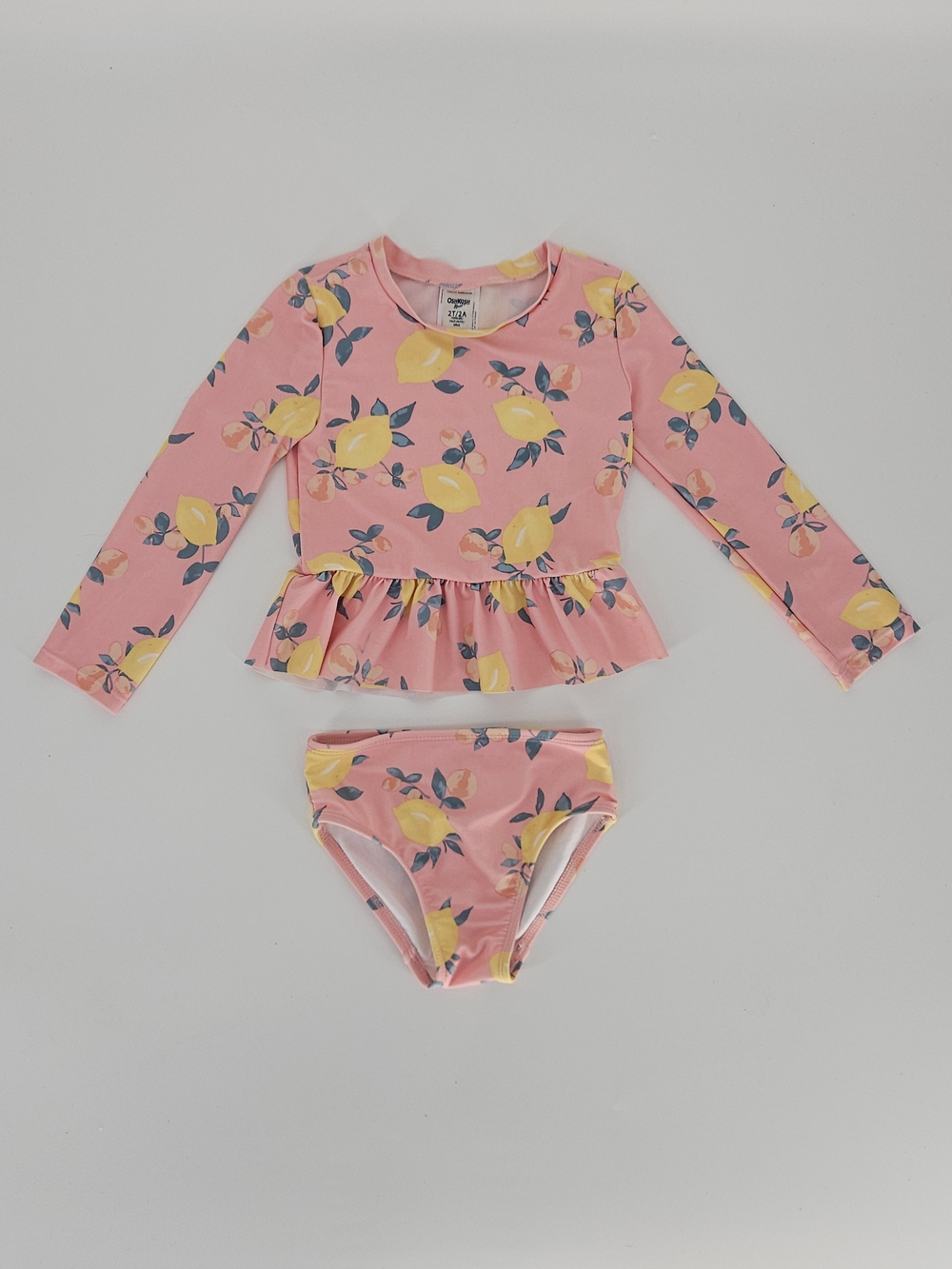 5/$25 OshKosh B’gosh Girls Pink Lemon Print 2 Piece Rashguard Swimsuit Size 2T